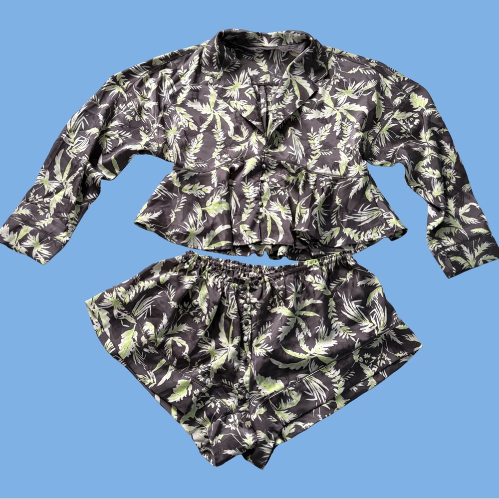 Free People Black Tropical Print Satin Pajama Set with Lime Green Leaves